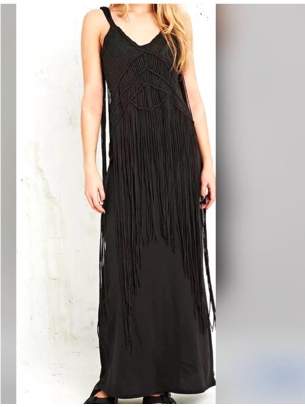 RALPH LAUREN DENIM & SUPPLY BLACK CROCHET OVERLAY LONG FRINGE BOHO MAXI DRESS M - Picture 7 of 14